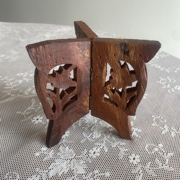 Handcrafted Other - Vintage Hand Carved Wood 3 Leg Folding Mini Plant Book Stand Floral India